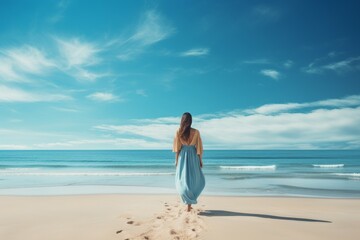 Fototapeta na wymiar Blue sky seaside woman bright. Generate Ai