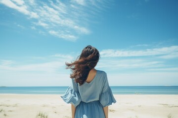 Fototapeta na wymiar Blue sky seaside woman view. Generate Ai