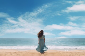 Obraz premium Blue sky seaside woman female. Generate Ai