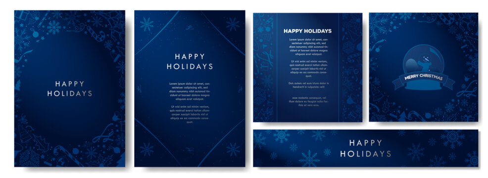 Stylish Christmas theme Backgrounds in gradient midnight blue and white, decorated with Blue Christmas elements. Beautiful minimalist Winter templates. Card, banners, a4 posters. Vector Illustration.