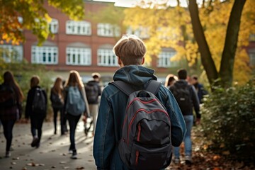 Boy walking school class autumn. Generate Ai - obrazy, fototapety, plakaty