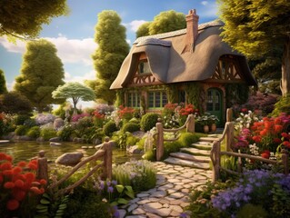 Fototapeta na wymiar A charming and quaint cottage with a thatched roof and flower-filled garden. Generative AI