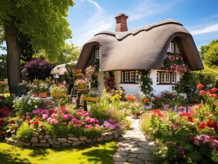 Fototapeta na wymiar A charming and quaint cottage with a thatched roof and flower-filled garden. Generative AI 