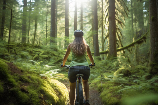 Woman's Forest Cycling Journey. Generative Ai.