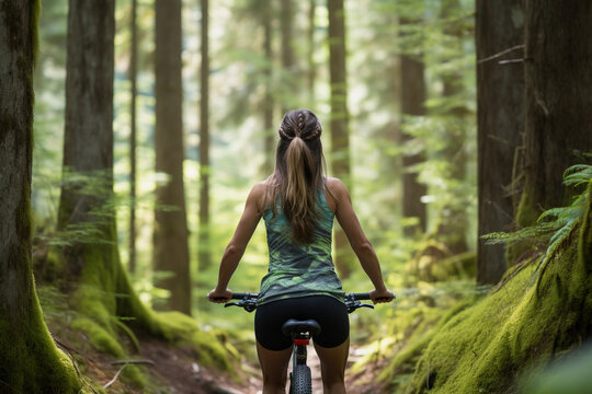 Adventure Awaits: Girl Cycling on Forest Path. Generative Ai.