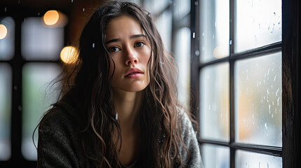 Depressed Woman Sitting Alone Near a Window in the Dark Evening with Low Light Environment, ai generative