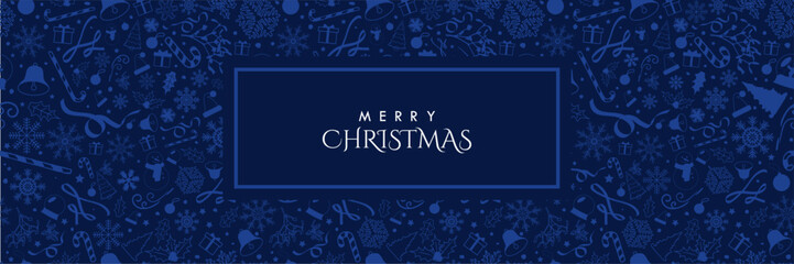 Seamless Monochromatic Dark Blue Christmas banner with blue Christmas elements and copy space in center. Vector Illustration. EPS 10. Perfect for banners, headers, covers, prints, repeating patterns.