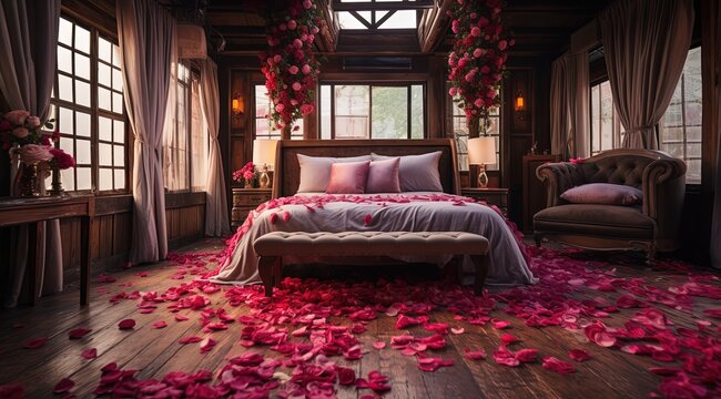 beautiful romantic bedroom, bed covered with rose petal, wedding night, dating night, Photo Realistic Generative Ai