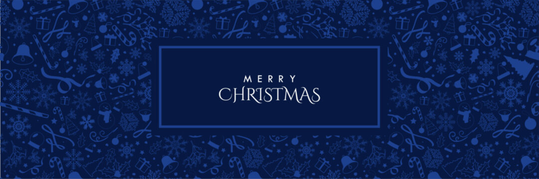 Seamless Monochromatic Dark Blue Christmas banner with blue Christmas elements and copy space in center. Vector Illustration. EPS 10. Perfect for banners, headers, covers, prints, repeating patterns.