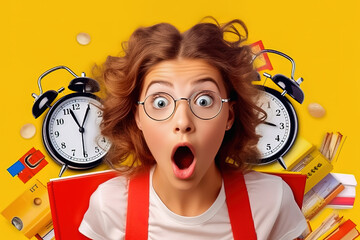 Portrait of a schoolgirl with a surprised face in glasses on a yellow background. I was late for the lesson. - obrazy, fototapety, plakaty