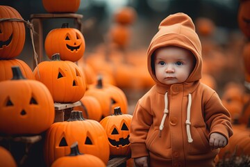 cute young boy in halloween pumpkin lantern park, Generative Ai