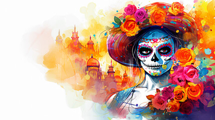 Day of the Dead. Sugar skull in a hat and flowers illustration. selective focus 