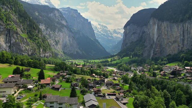 Aerial view of lauterbrunnen valley in Switzerland. Gorgeous mountains with glaciers, waterfalls and valley - nature of Swiss Alps. Swiss alpine village Lauterbrunnen