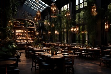 Fototapeta na wymiar A luxurious restaurant interior with elegant tables and chairs, Generative Ai