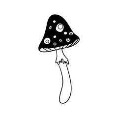 Magic mushrooms. Psychedelic hallucination. Outline vector illustration isolated on white. 60s hippie art. Coloring book for kids and adults.