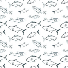 Marine seamless pattern with linear hand-drawn watercolor fish. Wildlife aquatic illustrations on white.
