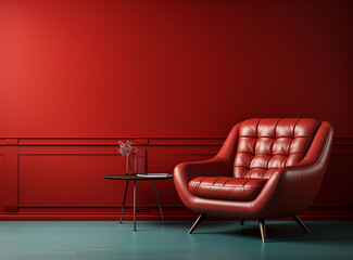 a red armchair against a red wall and wooden floor, generative AI