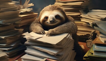sloth slowly work at office with too many papers stack in room, Generative Ai