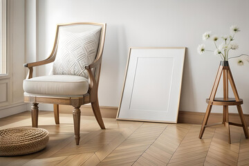 Frame mockup in minimalist decorated interior background, 3d render white chair in a room