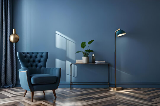 Chair with lamp in living room interior, dark blue wall mock-up background, 3D render design