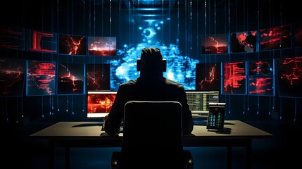 Obraz premium security analyst trying fighting cyber crime. Cyber hacker with computer.
