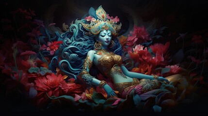 painting style illustration of pretty Indian blue skin goddess sleeping in red flower bed, Generative Ai