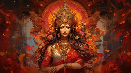 painting style illustration of Indian pretty goddess wearing gold crown and jewelry, Generative Ai