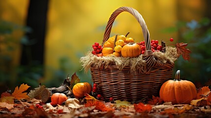 close up Autumn foliage basket in forest, pumpkins, leaves, berries, glitter glow light in fantasy fairytale atmosphere, Generative Ai