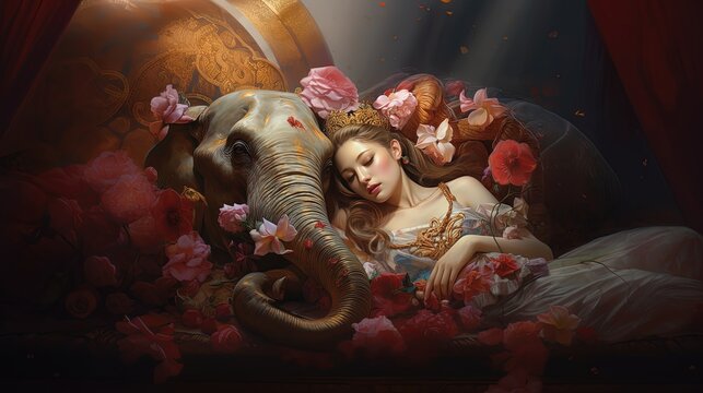 art illustration of pretty woman sleeping with elephant in dreamy atmosphere, Generative Ai