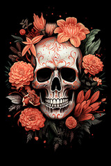 Day of the Dead skull with floral design on black background, illustration. selective focus. 