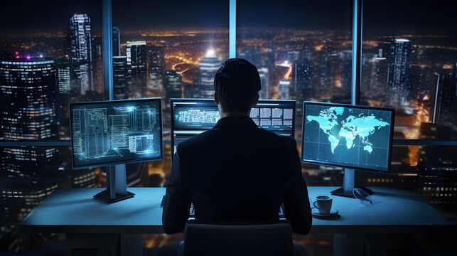 security analyst trying fighting cyber crime. Cyber hacker with computer.