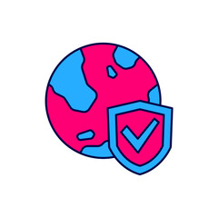 Obraz premium Filled outline Shield with world globe icon isolated on white background. Insurance concept. Security, safety, protection, privacy concept. Vector