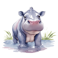 Cute Little Cartoon Hippopotamus isolated on white background. Watercolor drawing, hand-drawn Hippopotamus in watercolor. For children's books, for cards, Children's illustration.
