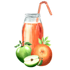 Watercolor illustration of orange bottle, orange and apple.  Hand drawn watercolor illustration JPEG for design, fabrics, wrapping paper, 
wallpaper, covers, greeting cards, prints on clothing, textil