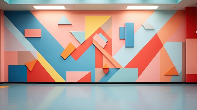 pastel tone color in blue orange yellow room with geometric design, wall and interior, Generative Ai