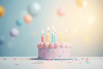 Colorful birthday cake with candles on light pastel background. Copy space