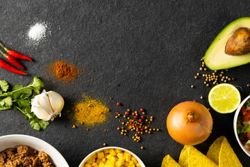 Directly above shot of various spices with avocado, tortillas, onion, lemon and meat on table © vectorfusionart