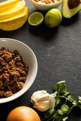 High angle view of tortillas, meat, avocado, lemon, cilantro, tomato and garlic on table © vectorfusionart
