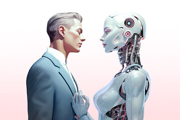 Man stare at a woman robot lovingly. Illustrate romantic relationship between human and robots concept. - obrazy, fototapety, plakaty