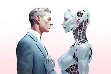 Fotobehang Man stare at a woman robot lovingly. Illustrate romantic relationship between human and robots concept. © sinseeho