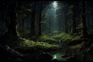 Forest at night, backlight. Beautiful illustration picture. Generative AI