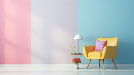yellow armchair in pastel pink blue white wall living room, idea for minimal interior backdrop, cheerful bright color, wall mockup idea, Generative Ai