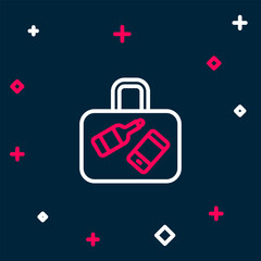 Obraz premium Line Suitcase for travel icon isolated on blue background. Traveling baggage sign. Travel luggage icon. Colorful outline concept. Vector