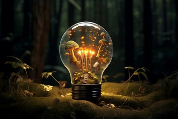 Mushroom and bush inside the light bulb. Beautiful illustration picture. Generative AI