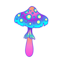 Magic mushrooms. Psychedelic hallucination. Vibrant vector illustration isolated on white. 60s hippie colorful art in vivid acid colors. Sticker, patch, poster graphic design.