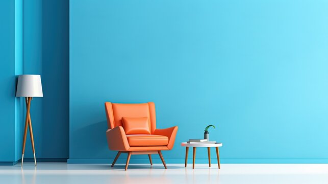 orange sofa in blue wall living room, idea for  minimal interior backdrop, cheerful bright color, wall mockup idea, Generative Ai