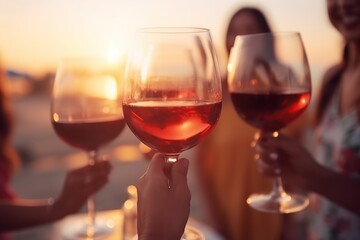 Naklejka premium Diverse young people unite drinking with friends Sipping wine at an outdoor restaurant happy and fun