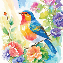 Water Color bird on a branch of flowers