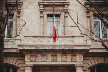 balcony with a flag to the Palais de Justice in Paris France - 627679982