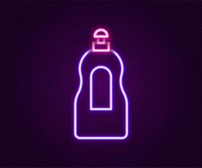 Glowing neon line Dishwashing liquid bottle icon isolated on black background. Liquid detergent for washing dishes. Colorful outline concept. Vector